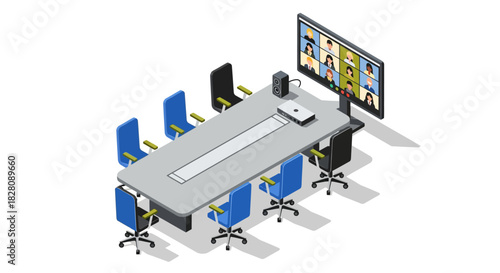 Isometric conference room with video call setup and modern office chairs