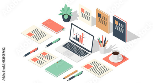 Modern isometric workspace with laptop, documents, and office supplies