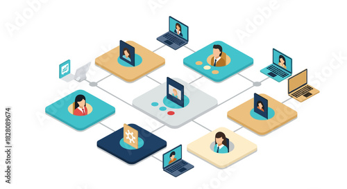 Isometric virtual meeting concept with laptops and diverse participants in colorful squares