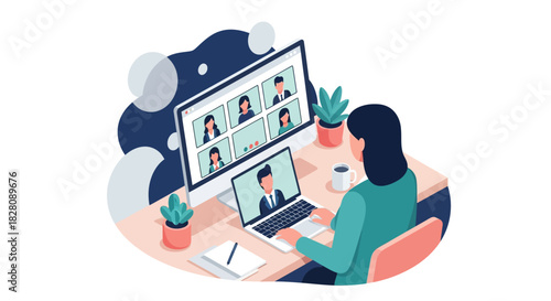 Remote team meeting concept with woman using laptop and desktop for video call in modern workspace