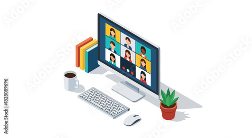 Isometric online meeting scene with computer and office essentials