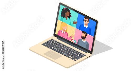 Virtual meeting on laptop screen in isometric style for remote team collaboration
