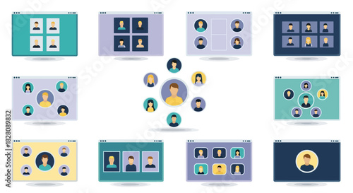Group video call interface set featuring diverse avatars in flat design