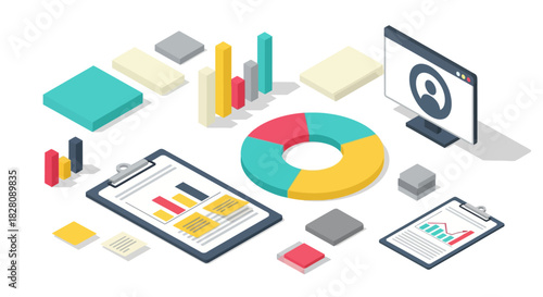 Modern isometric business analytics with charts and graphs in 3d style