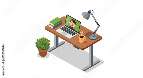 Isometric home office desk setup with laptop, lamp, and coffee cup for remote work inspiration