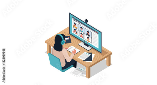 Isometric online meeting concept with woman using computer for video conference