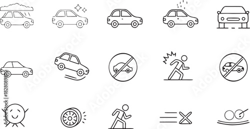 Collection of Hand Drawn Car Icons Representing Various Situations and Actions Keywords: car, icon, drawing, sketch, outline, vehicle, transportation, rain, clean, shiny, jumping, no parking