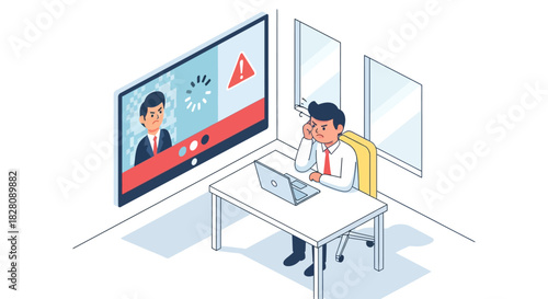 Frustrated employee in video call glitch in modern office setting