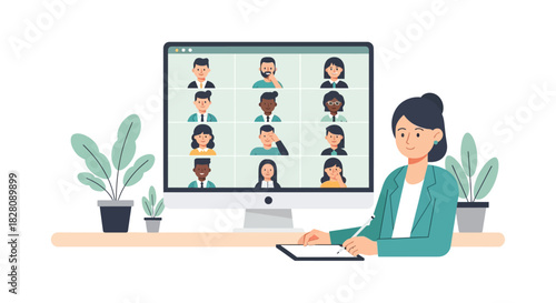 Remote work video conference with diverse team members on screen