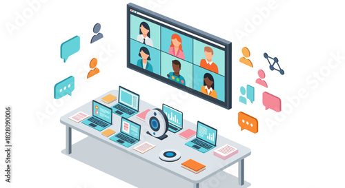 Virtual team meeting in modern office with video call technology