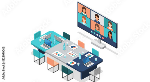 Isometric virtual meeting setup with modern conference room and video call screen