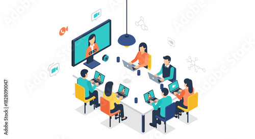 Remote team collaboration in modern workspace with video conference technology