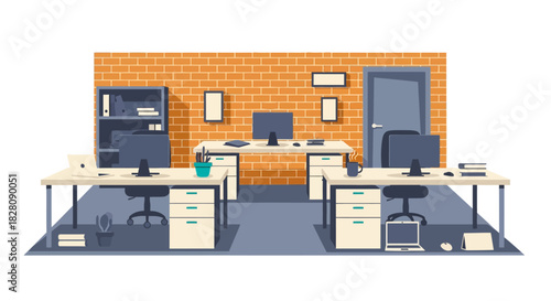 Modern office workspace with desks, computers, and decor in a brick wall setting