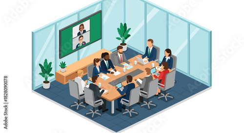 Modern office meeting with virtual conference call in isometric style