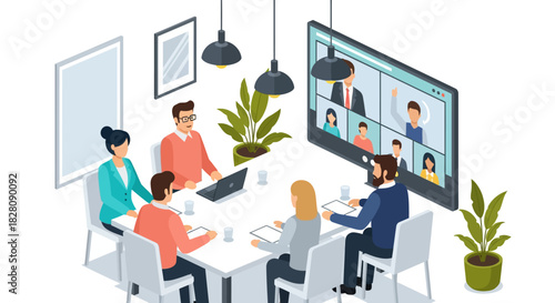 Isometric team hybrid meeting with video conference in modern office