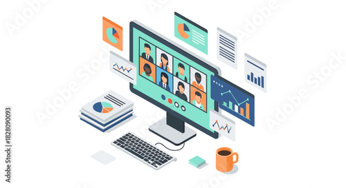 Virtual meeting on computer monitor with floating charts and graphs in isometric style