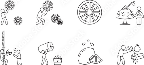 Collection of simple line art icons featuring people interacting with wheels, fruit, and a Christmas tree