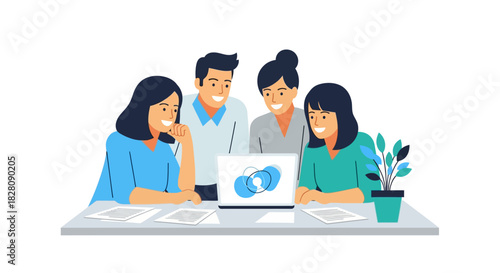 Team collaboration meeting with laptops and diagrams in modern office setting