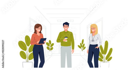 Office team collaboration: professionals in a modern workspace with coffee and plants