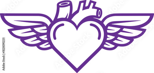 Purple winged heart with anatomical detail outline vector illustration