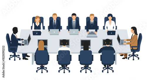 Business team meeting in modern office with laptops and conference table