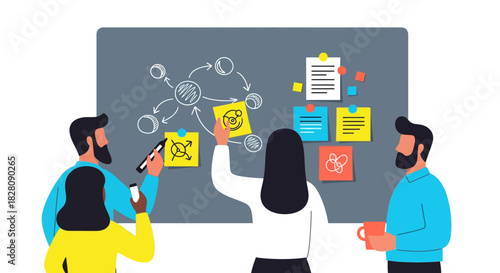 Team collaboration in office setting with creative brainstorming and planning