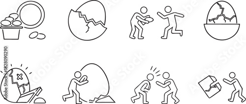 Collection of simple outline icons depicting eggs hatching and people interacting with eggs cracked egg
