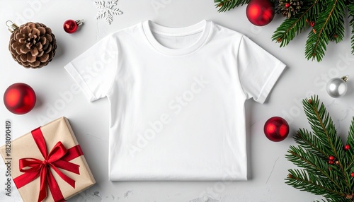 White t-shirt mockup on a flat lay background with festive Christmas decorations, a gift box, and pine branches for holiday apparel designs