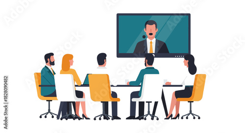 Business team video conference meeting in modern office with flat design