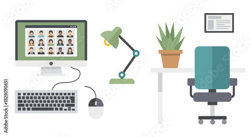 Home office setup with video conference and workspace essentials in flat design
