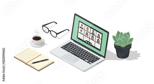 Isometric laptop workspace with video conference on screen and office essentials
