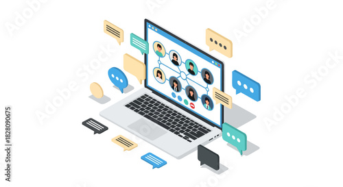Isometric laptop displaying social network connections and chat bubbles