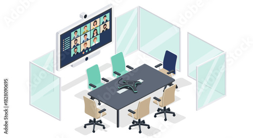 Modern office meeting room with virtual conference setup in isometric style