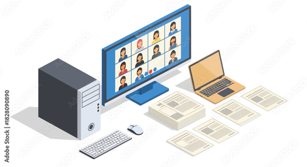 Naklejka premium Isometric remote work setup with video conference on desktop and laptop