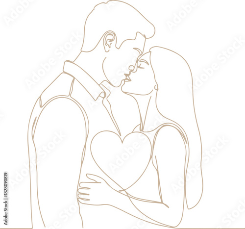 Romantic couple kissing with a heart symbol, one line art vector illustration