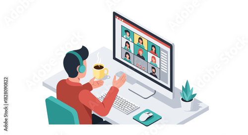 Remote team meeting concept in isometric style with online video call on computer screen