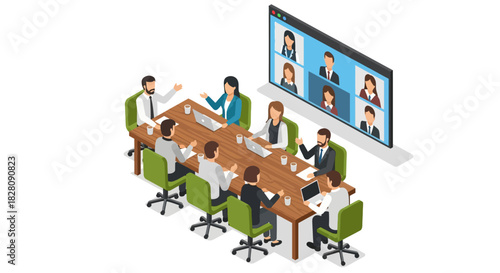 Hybrid meeting in modern office with video conference and diverse team collaboration