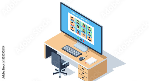 Isometric home office setup with virtual meeting on screen for remote work