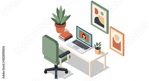 Modern home office with laptop and plants in isometric style