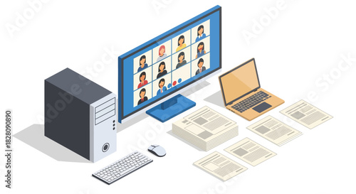 Isometric remote work setup with video conference on desktop and laptop