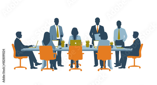 Business meeting with diverse team collaborating in modern office setting