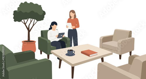 Cozy office lounge area with women working and reading in a modern minimalist setting