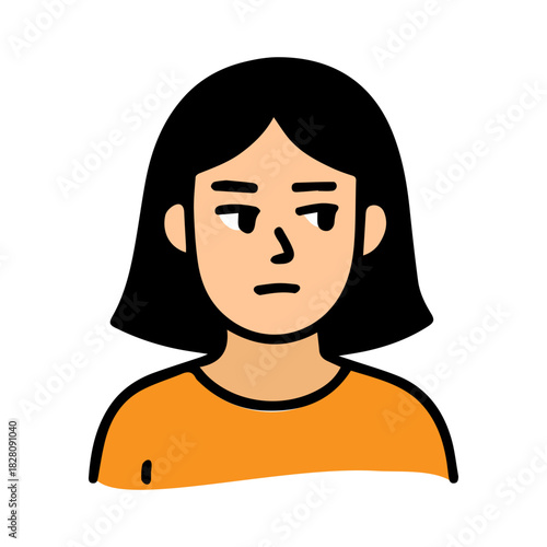 Side eye look female doodle character. Displeased, unhappy emotion avatar. Suspicious facial expression.