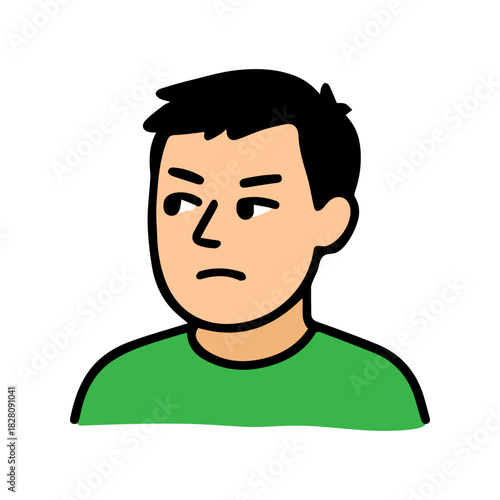 Side eye look doodle male character. Displeased, unhappy emotion avatar. Suspicious facial expression.
