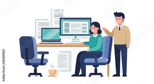 Teamwork in office: colleagues collaborating at workspace with laptops and coffee