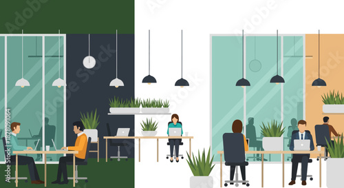 Modern office workspace with diverse professionals in minimalist style