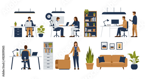 Modern office and home workspace interiors with minimalist design elements