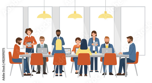 Collaborative office meeting in modern workspace with diverse team