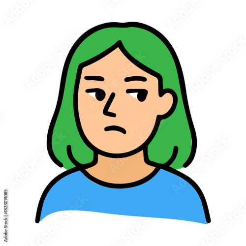 Side eye look female doodle character. Displeased, unhappy emotion avatar. Suspicious facial expression.