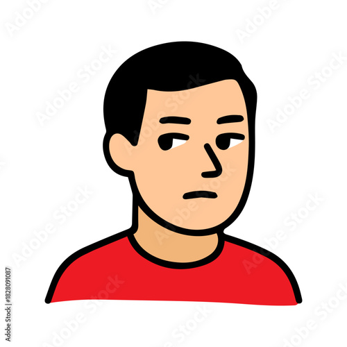 Side eye look doodle male character. Displeased, unhappy emotion avatar. Suspicious facial expression.